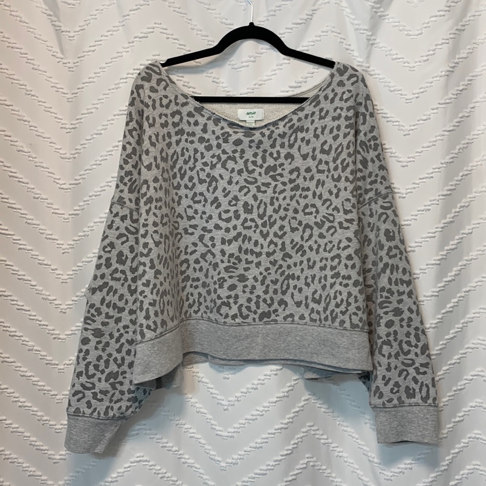 Aerie Cropped Off The Shoulder sweatshirt in grey cheetah print